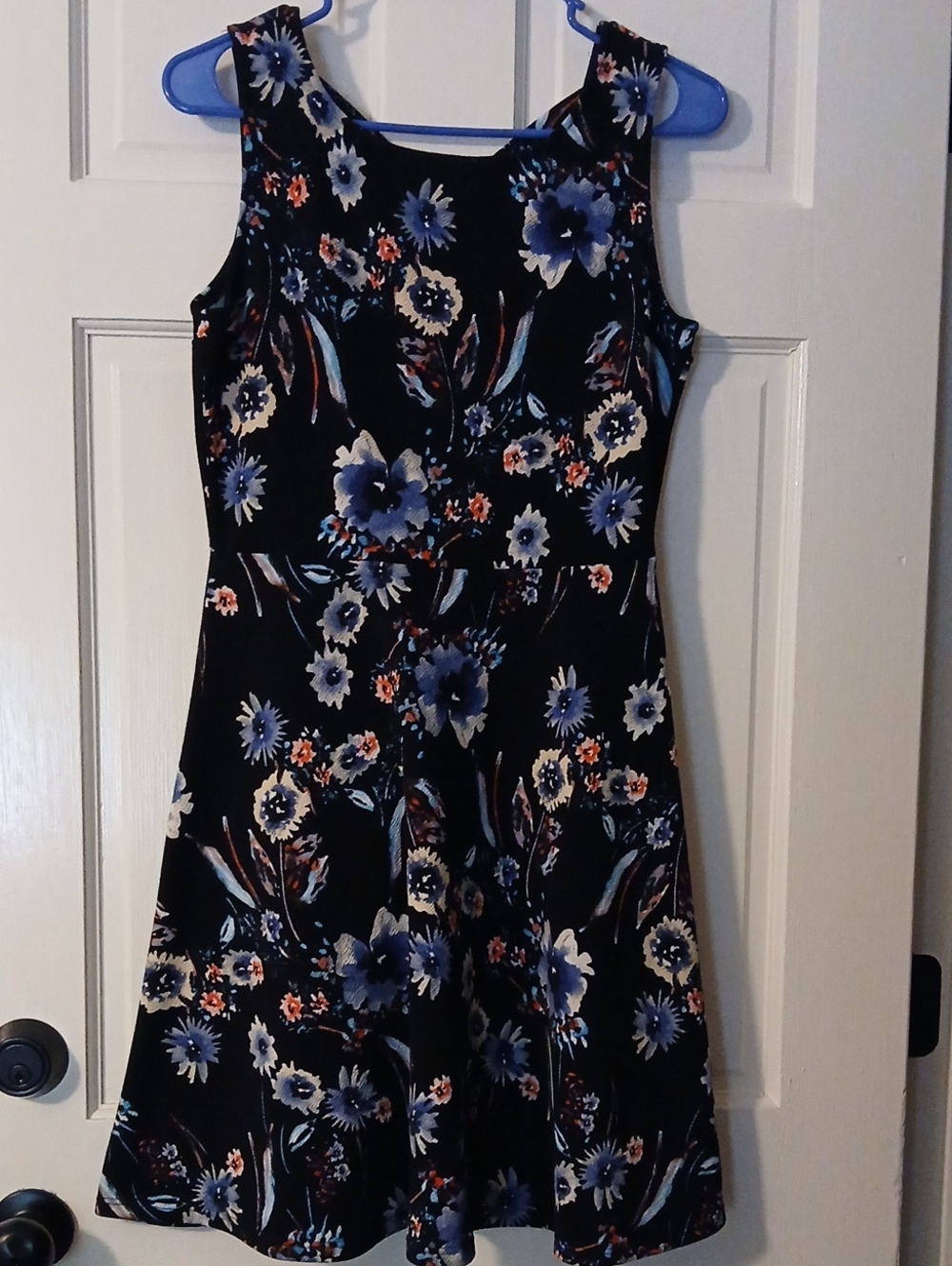 Kaileigh Black Dress with Blue, Cream and Coral Floral Print